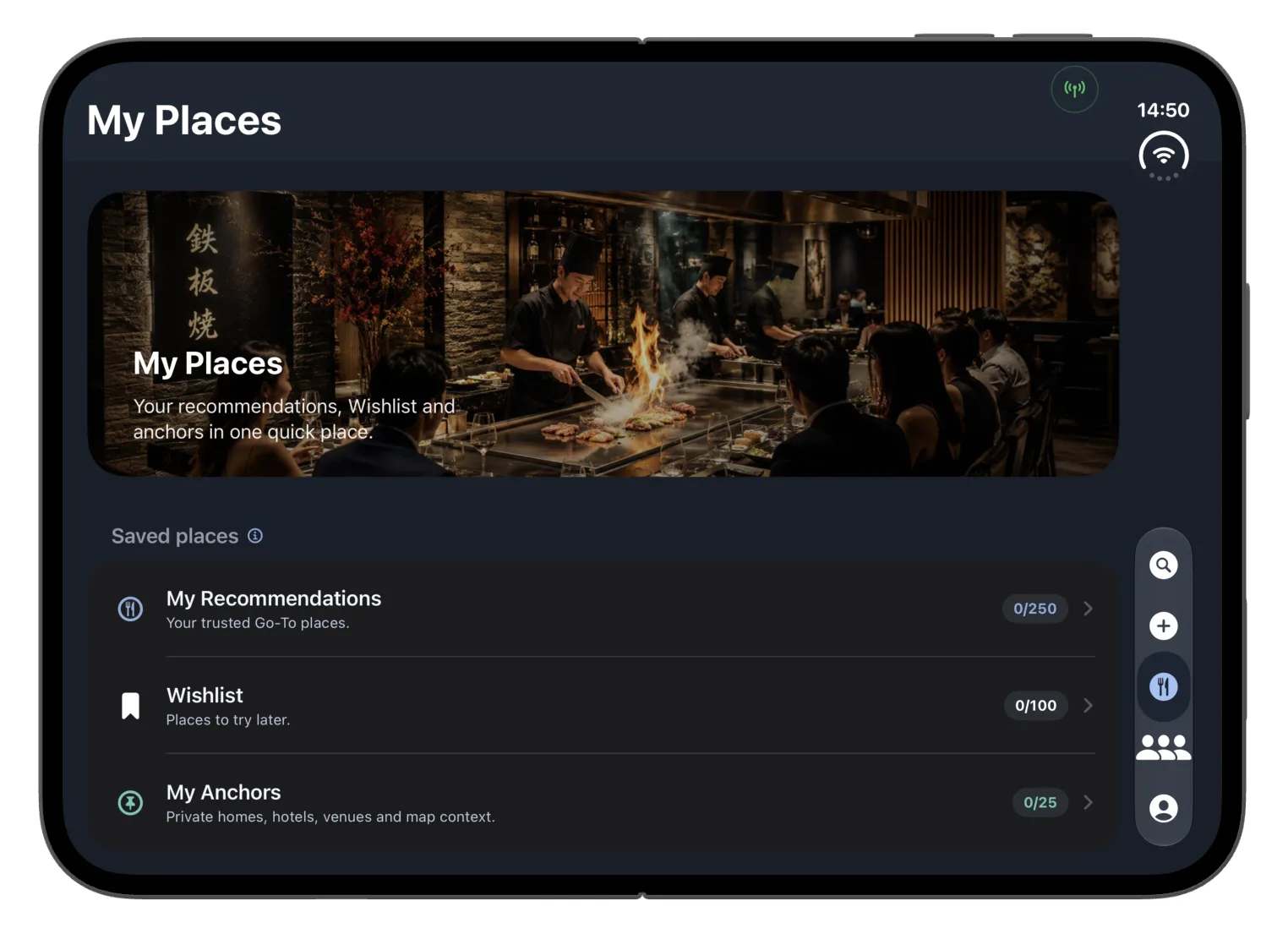 Go-To List My Places screen shown in a wide iPhone Duo layout